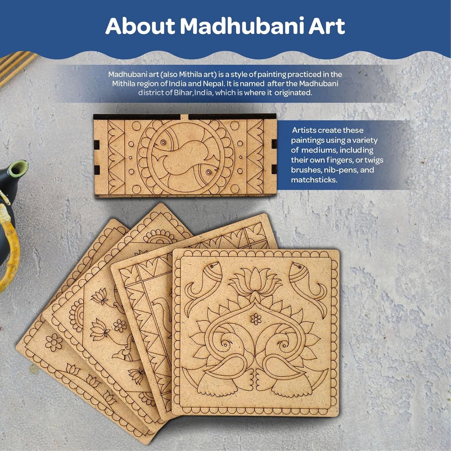 Madhubani DIY Tea Coaster with Wooden Case Paint Art Kit for 8+ Years