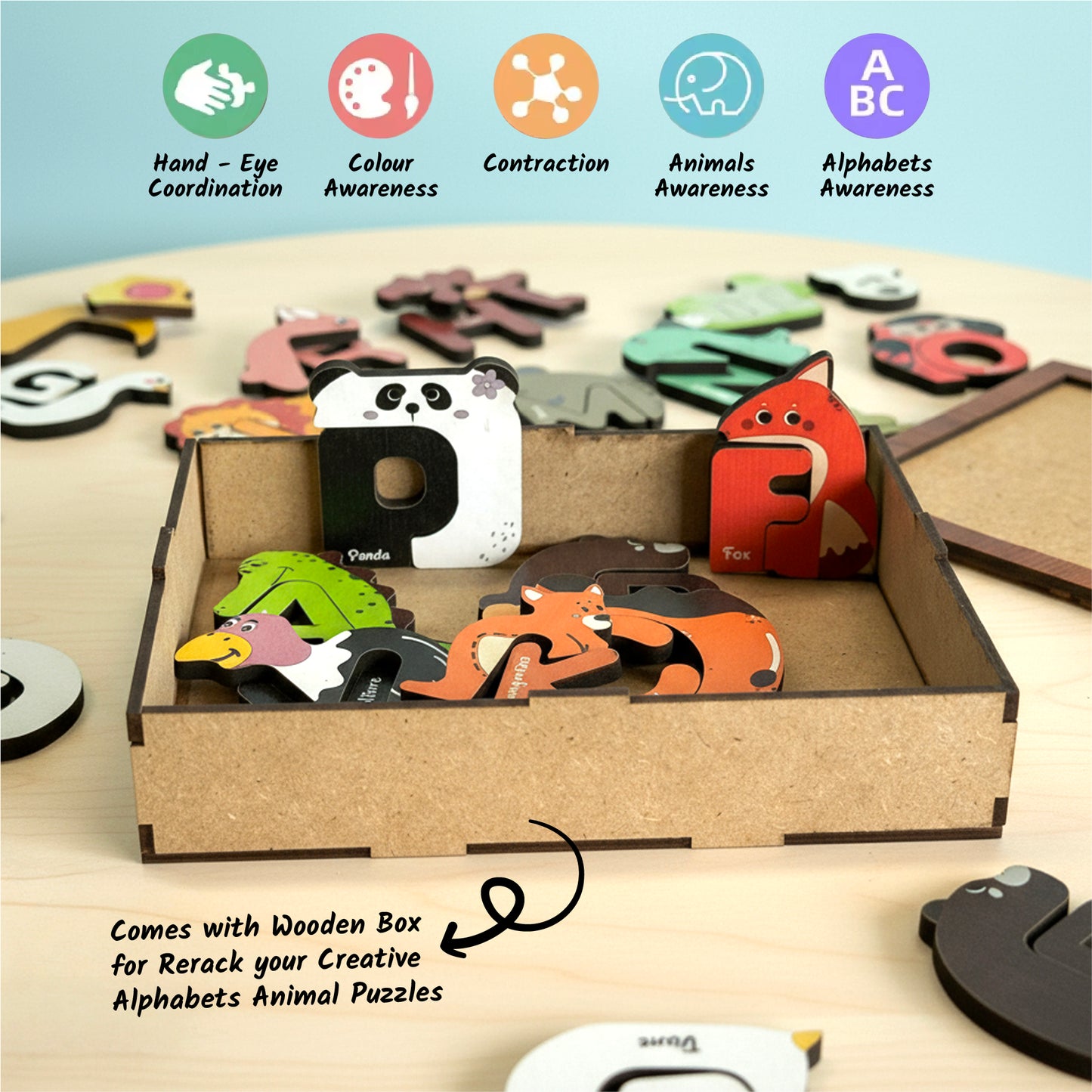 YaY Play A to Z Wooden Animal Alphabet Puzzles Set - 52 Pieces