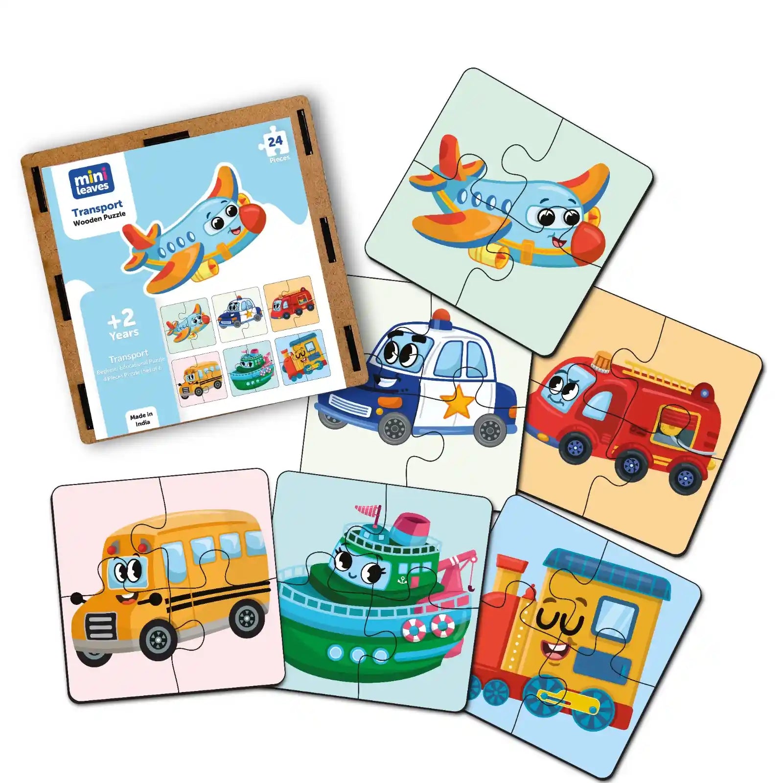 Transport 4 pieces wooden Puzzles (2-4Years) – Mini Leaves – YaY Play