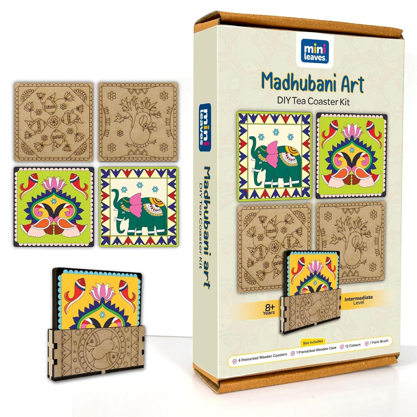Madhubani DIY Tea Coaster with Wooden Case Paint Art Kit for 8+ Years