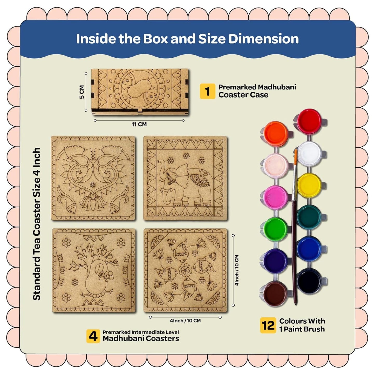 Madhubani DIY Tea Coaster with Wooden Case Paint Art Kit for 8+ Years