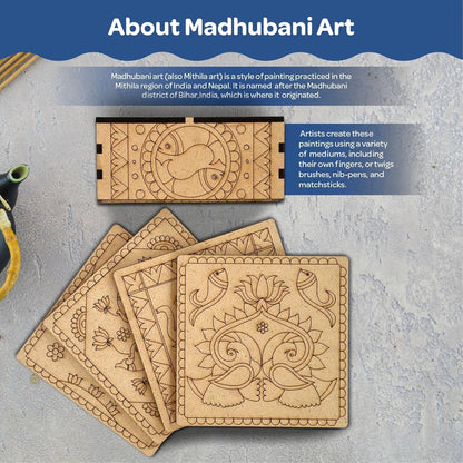 Madhubani DIY Tea Coaster with Wooden Case Paint Art Kit for 8+ Years