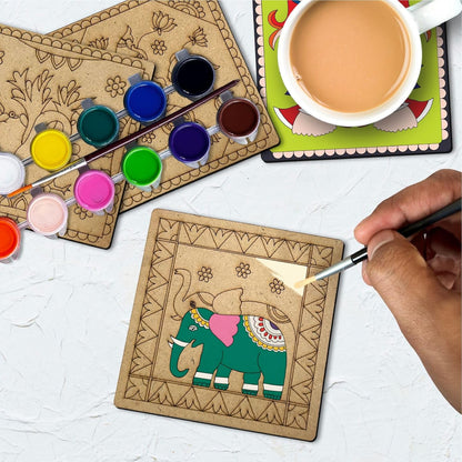 Madhubani DIY Tea Coaster with Wooden Case Paint Art Kit for 8+ Years