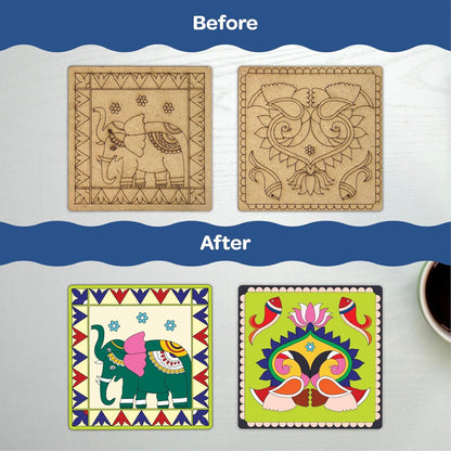 Madhubani DIY Tea Coaster with Wooden Case Paint Art Kit for 8+ Years