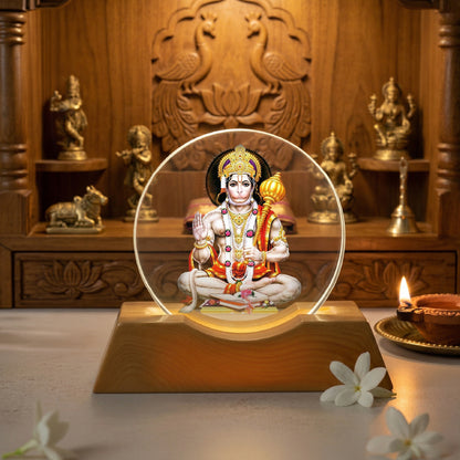Hanuman with mace LED Light Lamp for Home Décor & Pooja | Divine Wooden Base Night Lamp – Yay Play