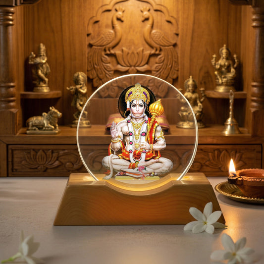 Hanuman with mace LED Light Lamp for Home Décor & Pooja | Divine Wooden Base Night Lamp – Yay Play