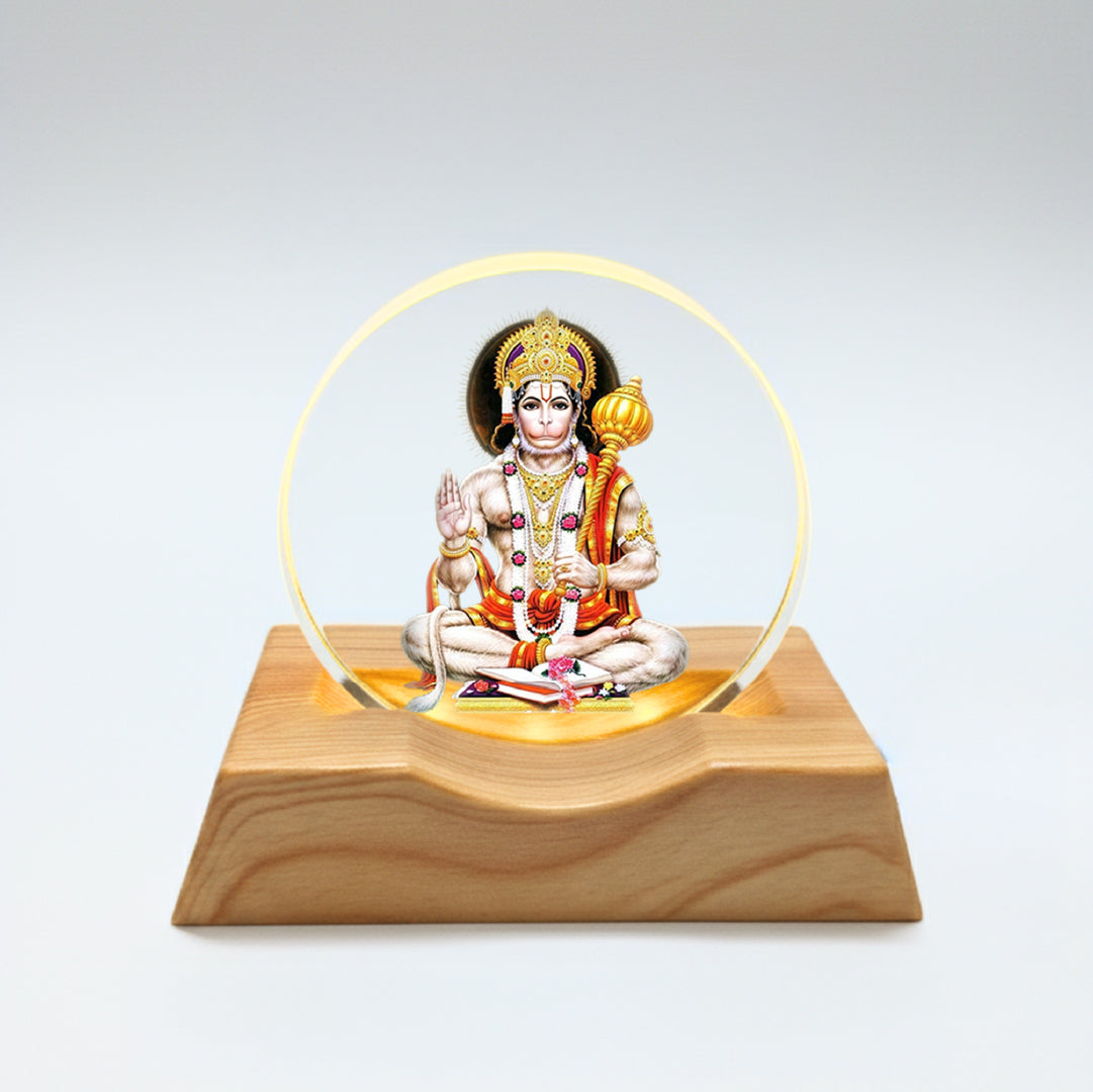 Hanuman with mace LED Light Lamp for Home Décor & Pooja | Divine Wooden Base Night Lamp – Yay Play