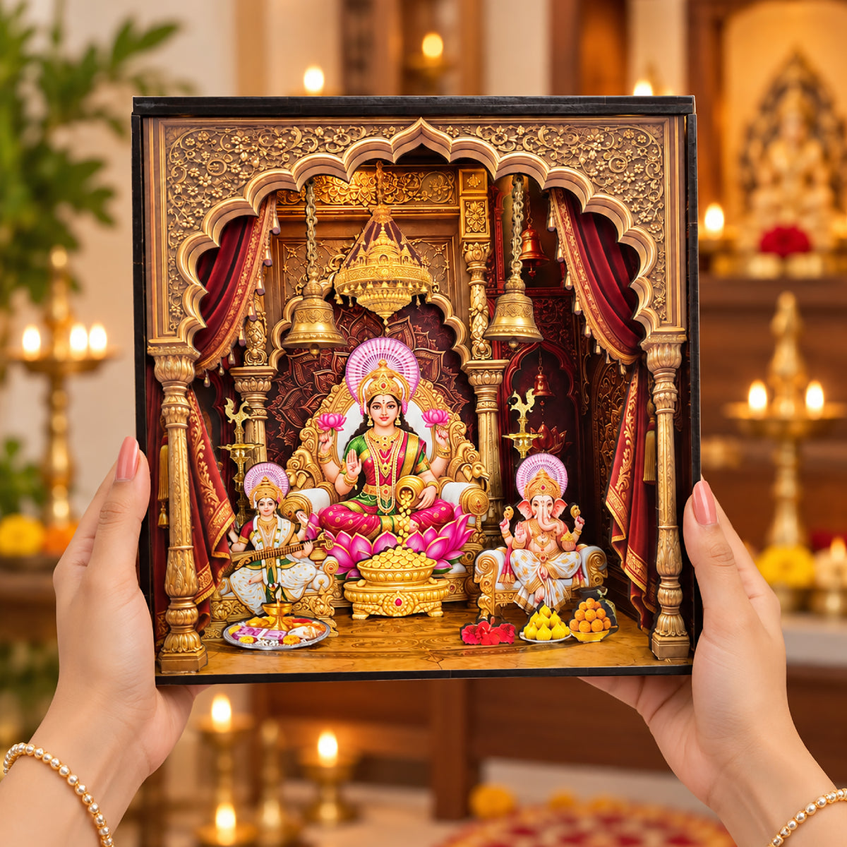 DIY 3D Diwali Mandir with LED Light – Laxmi Ji, Ganesh Ji & Saraswati Ji | Festive Gift & Décor