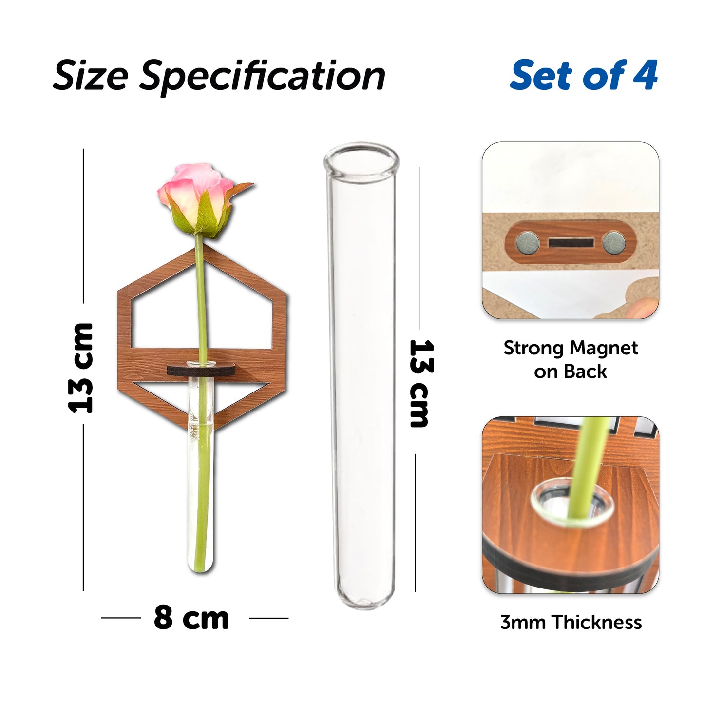 🌿 Mini Wooden Magnetic Glass Vase Hexagon Design