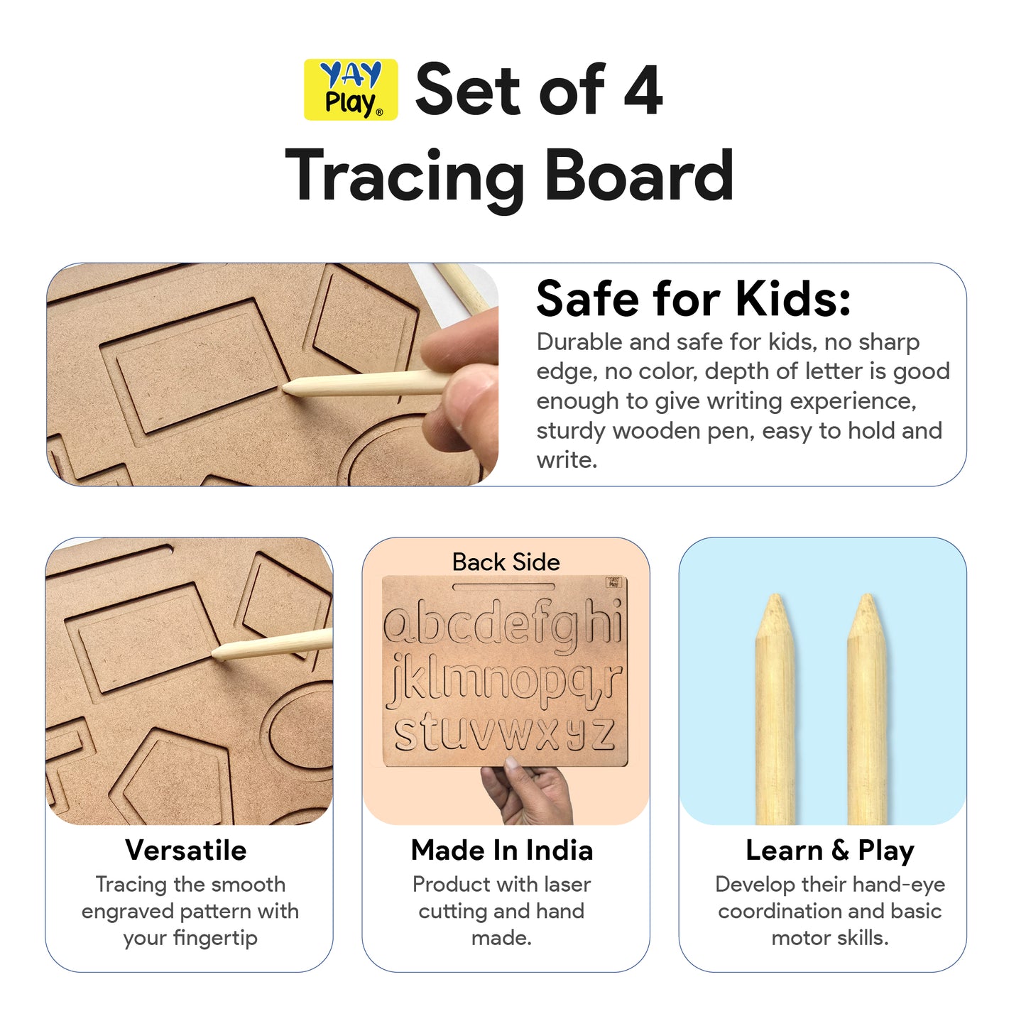 Educational Wooden Tracing Board for Kids Set of 4 Double Sided Board