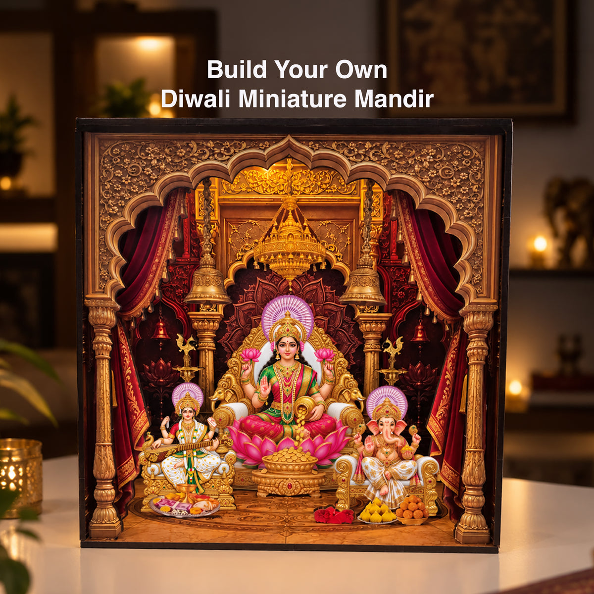 DIY 3D Diwali Mandir with LED Light – Laxmi Ji, Ganesh Ji & Saraswati Ji | Festive Gift & Décor