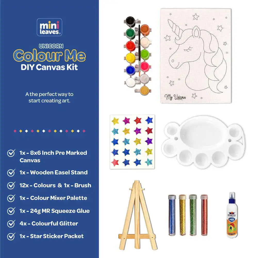 Colour Me Unicorn DIY Canvas Kit 8 x 6 Inch with Wooden Easel for 6+ Kids