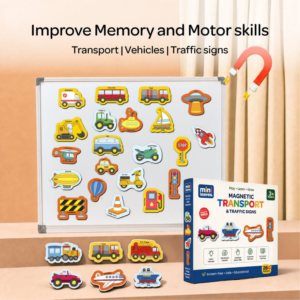26 Pieces Transport Full Magnetic Fridge Magnets for Kids 2+ Years